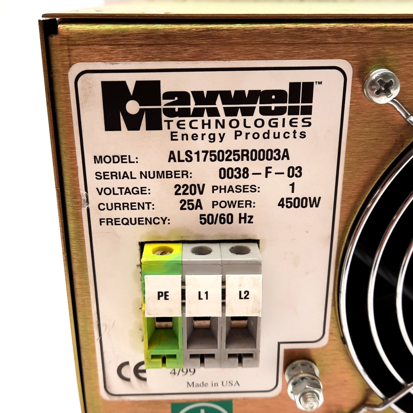 Used Maxwell Technologies ALS175025R0003A Power Supply, 1PH 220VAC 25A, 4500W
