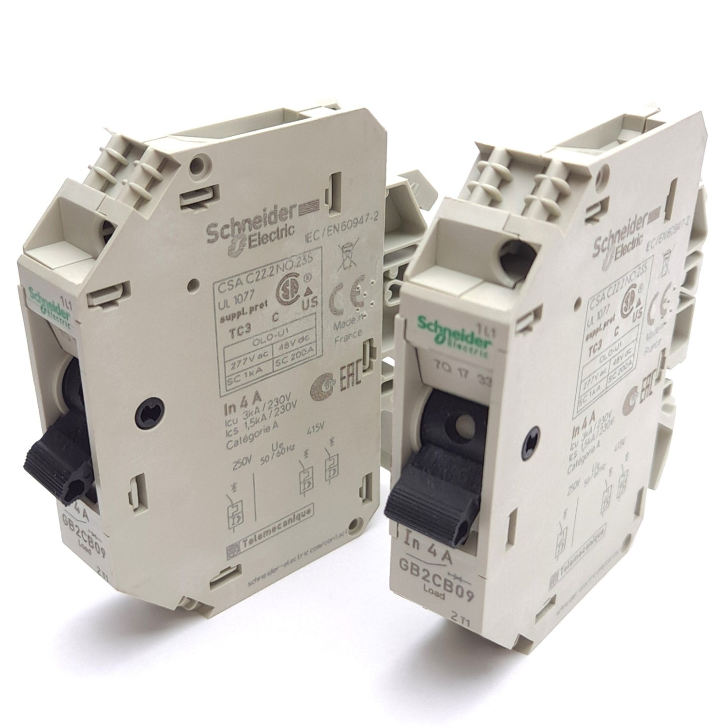 New – Open box Lot of 2 Schneider Electric GB2CB09 Circuit Breaker, 1-Pole, 4A 277VAC/48VDC