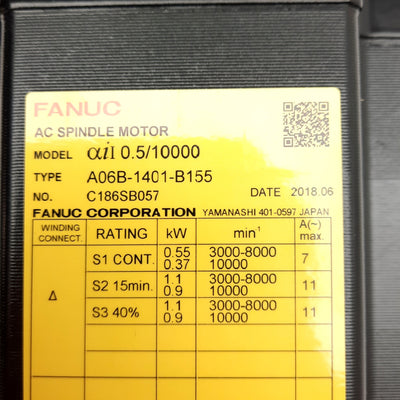 New Fanuc A06B-1401-B155 AC Spindle Motor, 4-Pole, 3PH 85-220VAC, 3.6x3.6in Flange