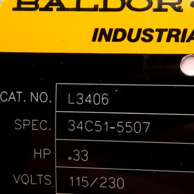 New Baldor L3406 AC Motor, 115/230VAC, 1725RPM, 1/3HP, ø1/2in Shaft, NEMA 48