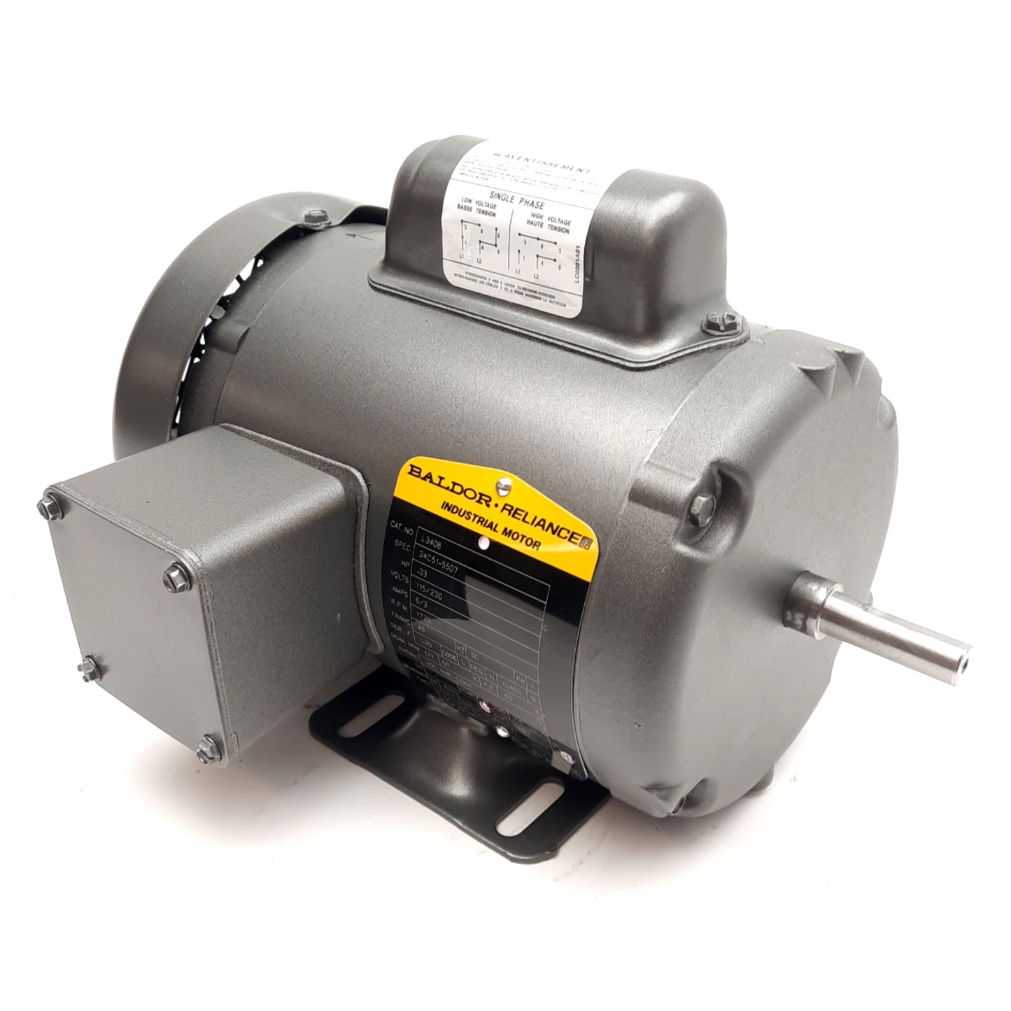 New Baldor L3406 AC Motor, 115/230VAC, 1725RPM, 1/3HP, ø1/2in Shaft, NEMA 48