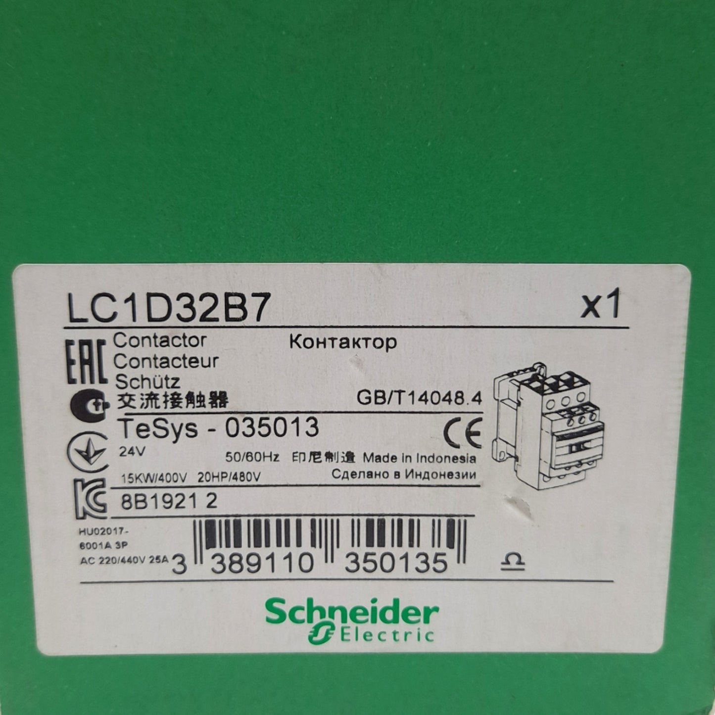 New Schneider Electric LC1D32B7 Contactor, 3-Pole, 32A 600VAC Contact, 24VAC Coil