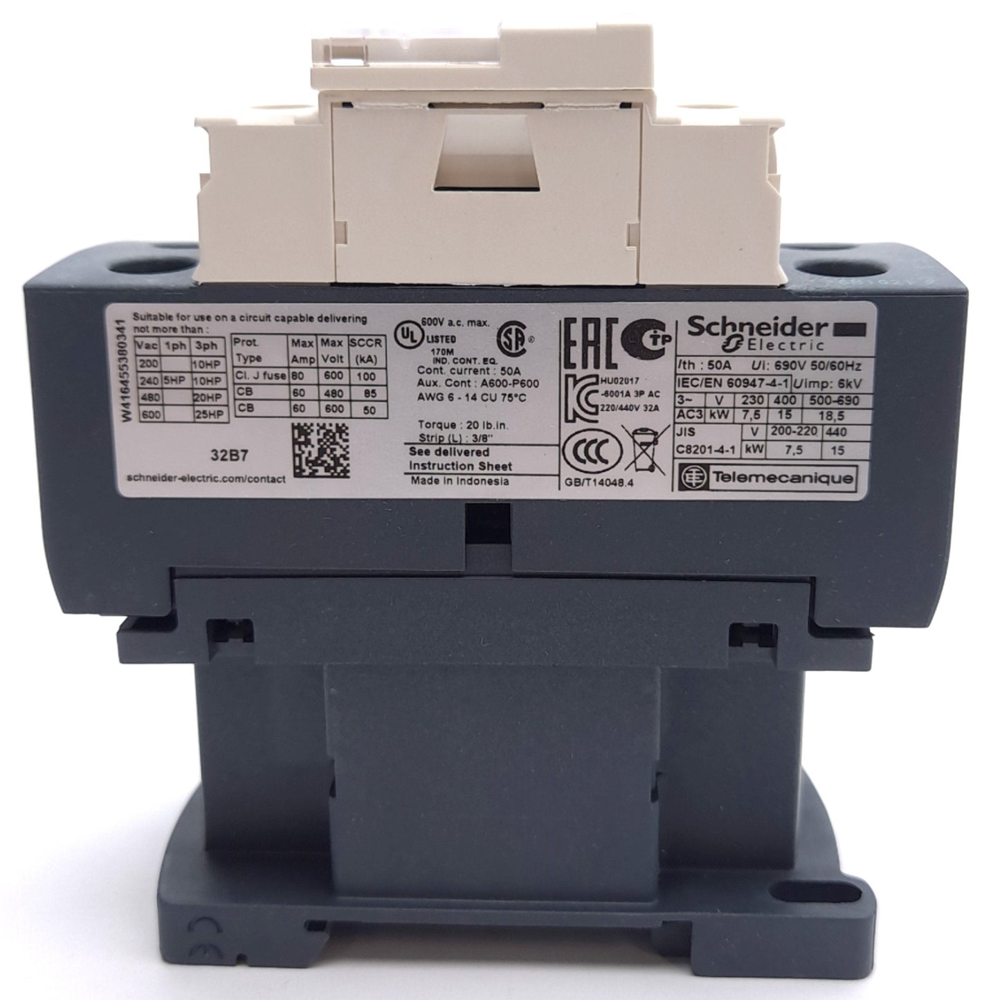 New Schneider Electric LC1D32B7 Contactor, 3-Pole, 32A 600VAC Contact, 24VAC Coil