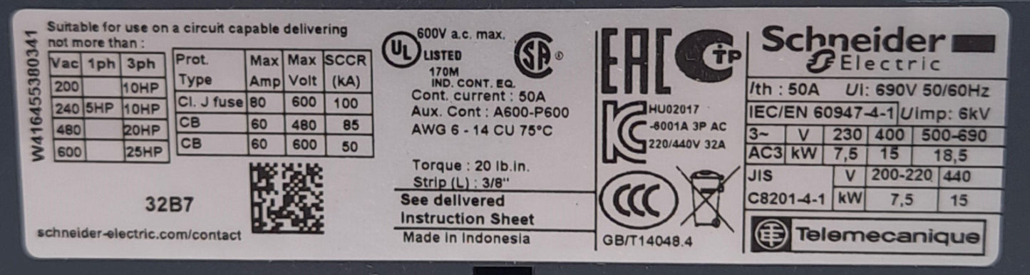 New Schneider Electric LC1D32B7 Contactor, 3-Pole, 32A 600VAC Contact, 24VAC Coil