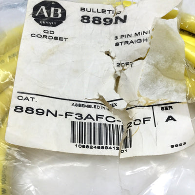 New – Open box Allen Bradley 889N-F3AFC-20F Quick Disconnect Cordset Cable, 3-Pin Mini, 20ft