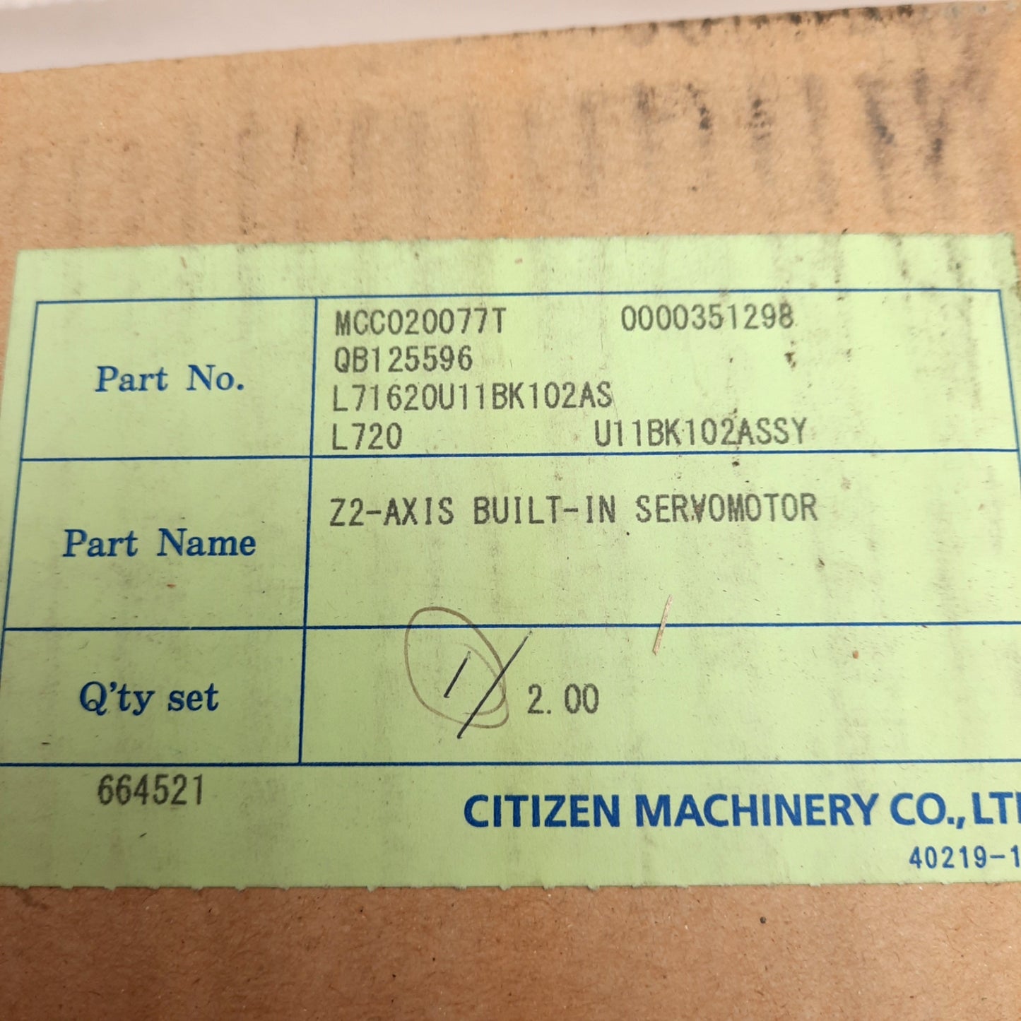 New Citizen L720-U11BK102ASSY Z2-Axis Built-In Servo Motor For L720 CNC Lathe