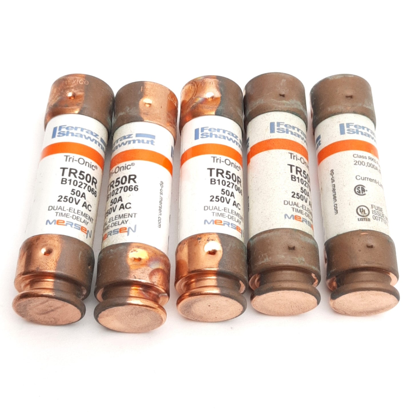 New – Open box Lot of 5 Ferraz Shawmut TR50R Mersen Time Delay Fuse, 250VAC 50A, Class RK5