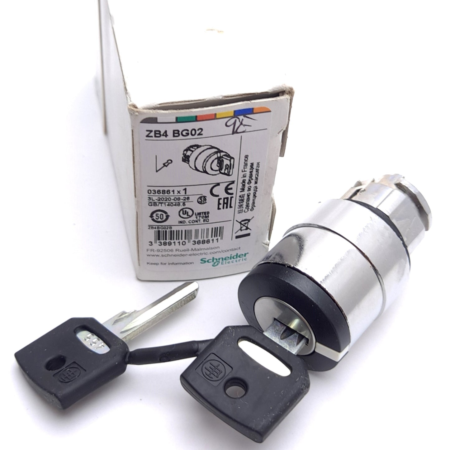 New Schneider Electric ZB4BG02 Key Selector Switch Head, 2-Position, ø22mm, Stay Put