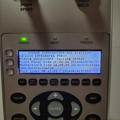 Used Dukane 20121XC0P3 IQ I220 Integrated Ultrasonic Press System 20kHz 1200W 240VAC