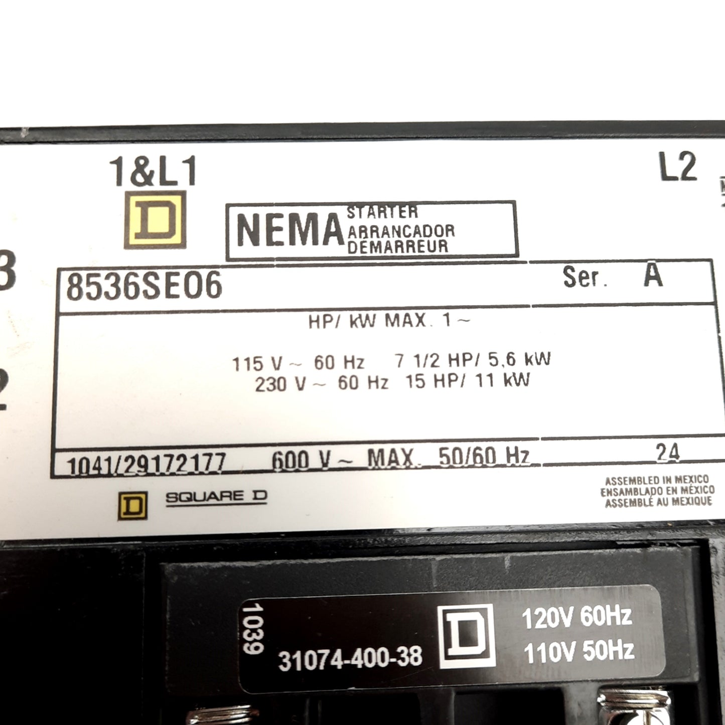 New – Open box Square D 8536SEO6 Motor Starter, NEMA Type S, 2-Pole, 230VAC 15HP, 120VAC Coil