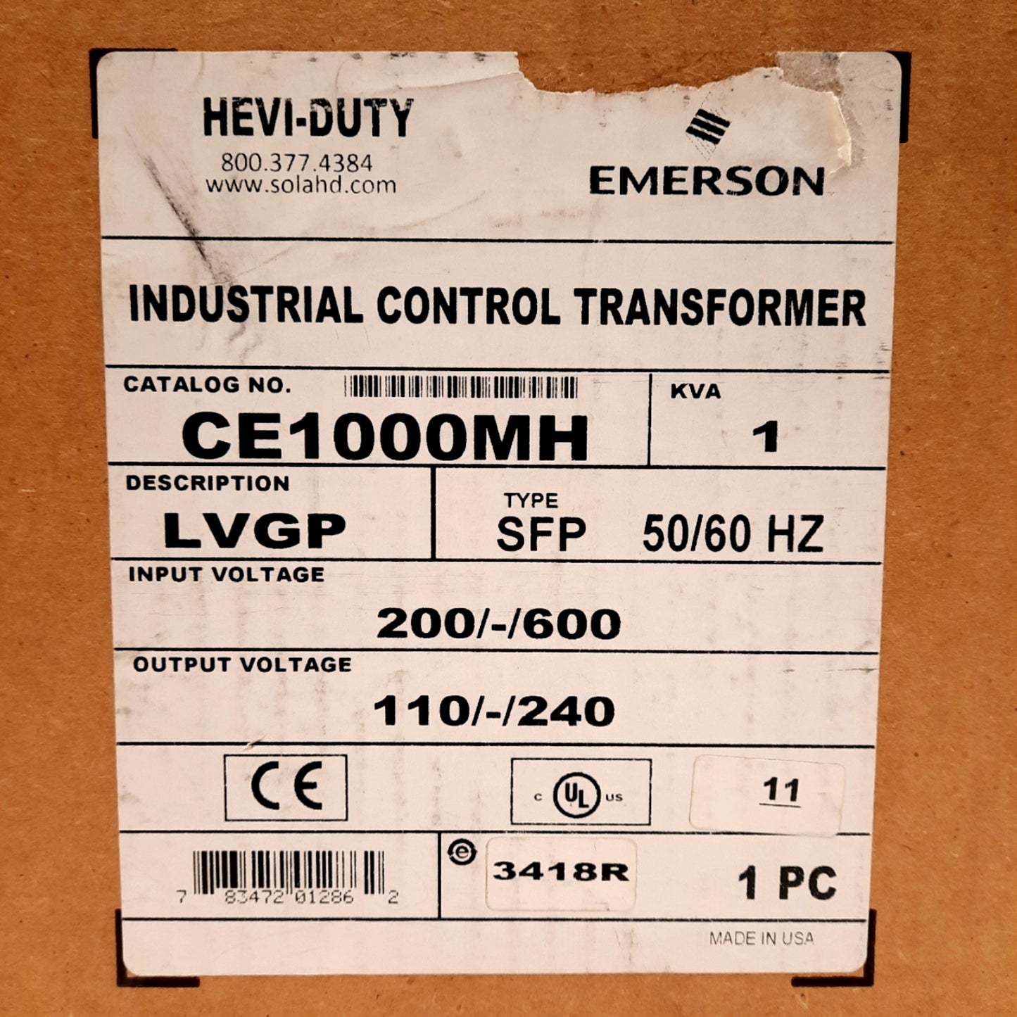 New – Open box Emerson CE1000MH Transformer, 200/-/600VAC Input, 110/-/240 Output, 1kVA