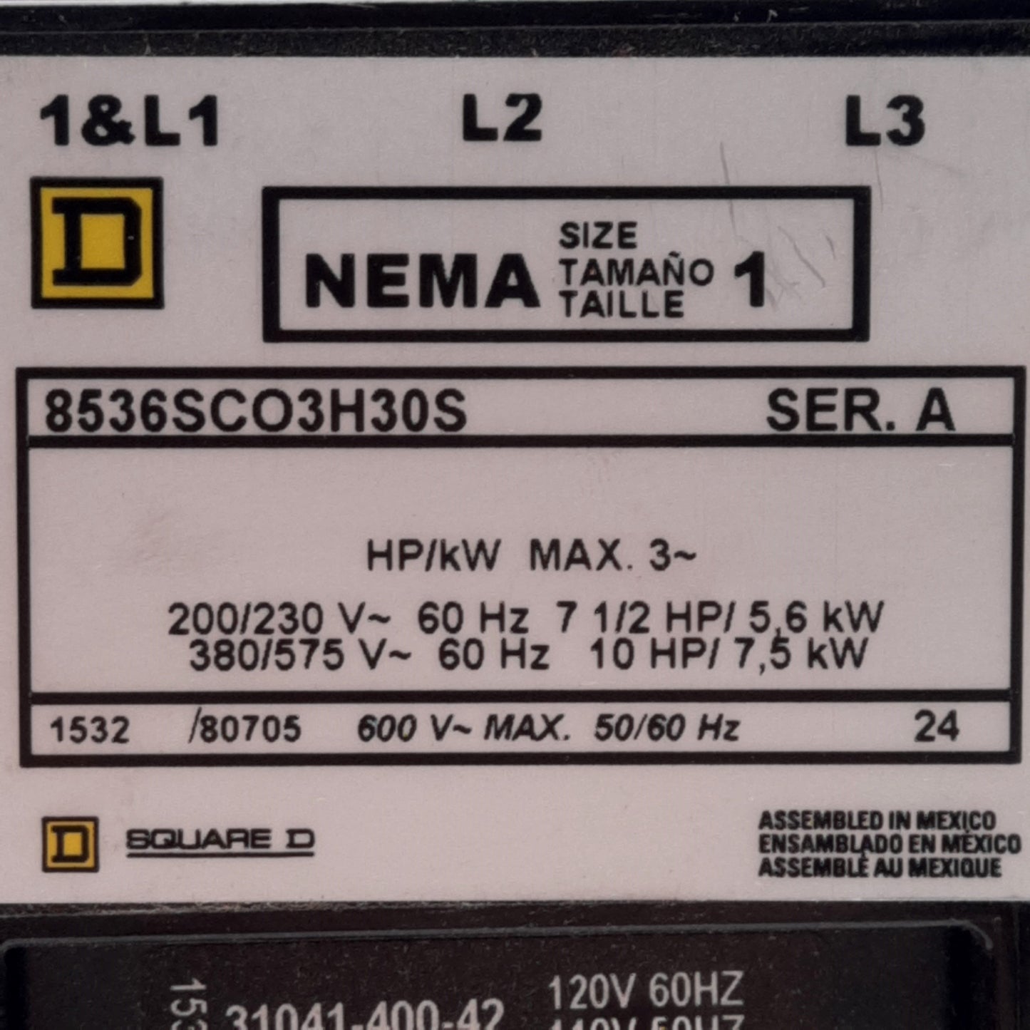 Used Square D 8536SCOH30S Motor Starter, 3PH 200-575VAC, 120VAC Coil, NEMA Size 1