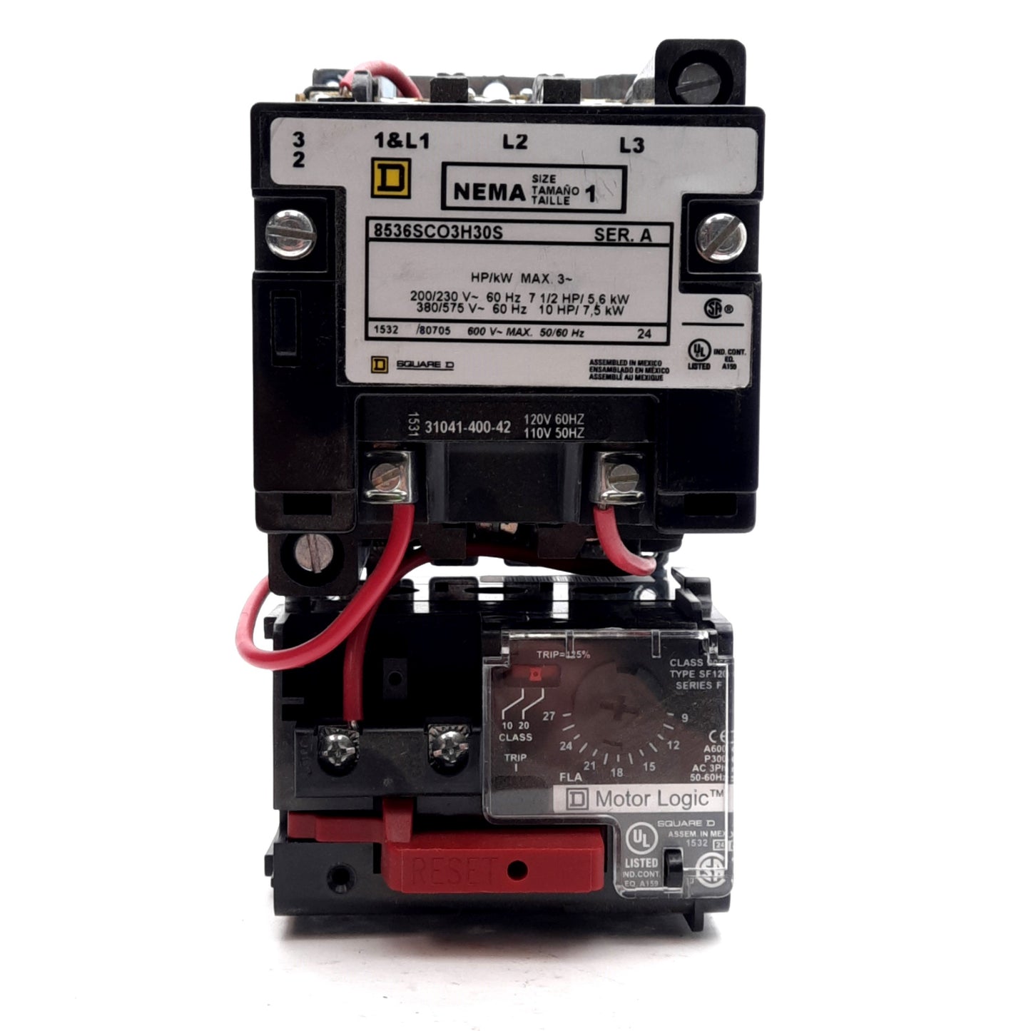 Used Square D 8536SCOH30S Motor Starter, 3PH 200-575VAC, 120VAC Coil, NEMA Size 1