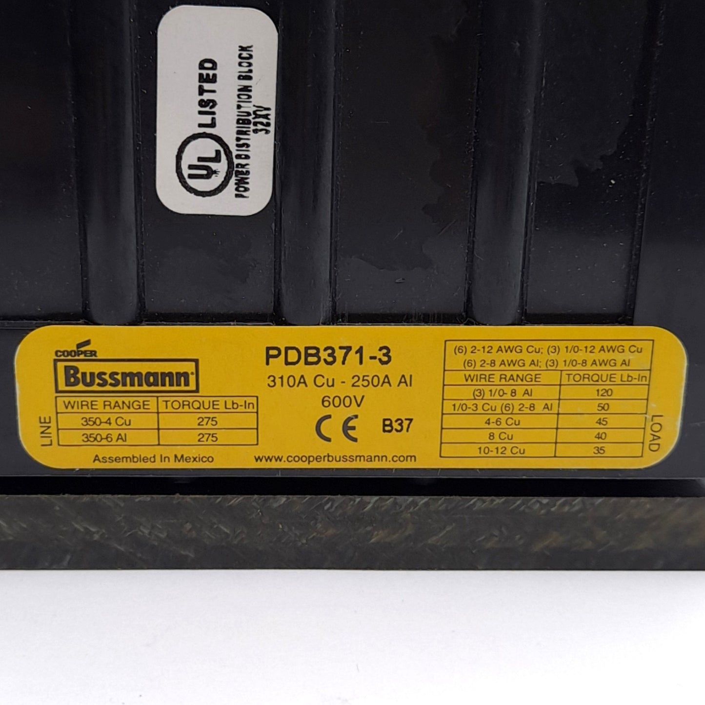 New – Open box Eaton Bussmann PDB371-3 Power Distribution Block, 3-Pole, 600V 310A