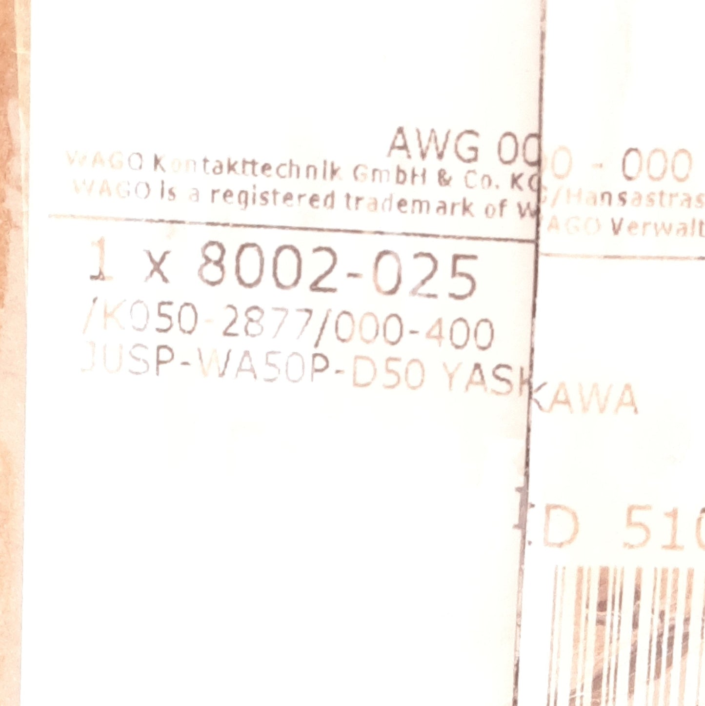 New Yaskawa JUSP-WA50P-D50 / Wago 8002-025 Breakout Board & Cable, DB-50M