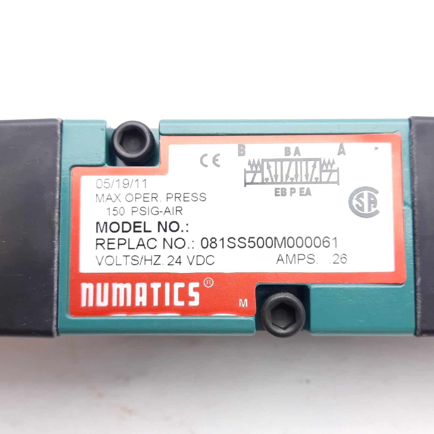 New – Open box Numatics 081SS500M000061 Solenoid Valve, 4-Way 3-Position, 120PSIG, 24VDC Coil