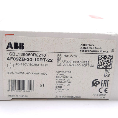 New ABB AF09ZB-30-10RT-22 Contactor, 3-Pole, 600VAC 25A Contact, 48-130VAC Coil