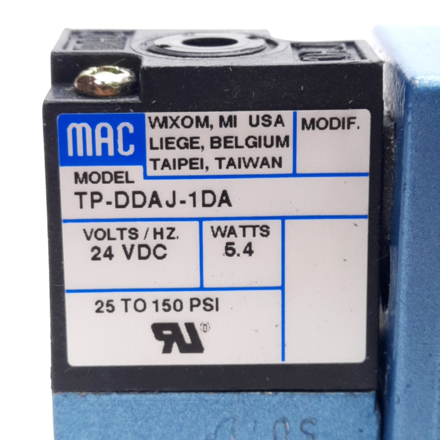 Used MAC 82A-KC-000-TP-DDAP-1DA Solenoid Valve, 4-Way 2-Position, 150PSI, 24VDC Coil