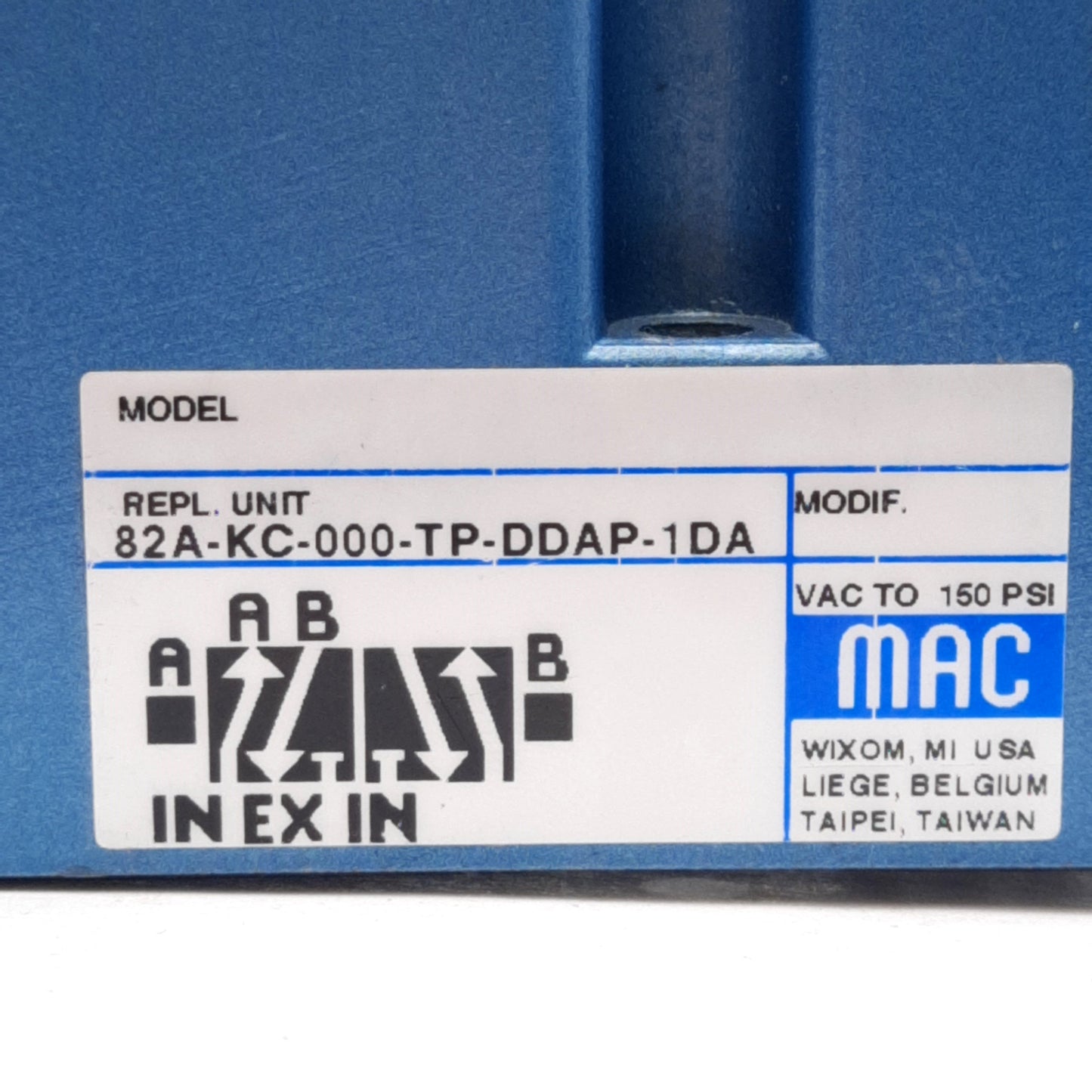 Used MAC 82A-KC-000-TP-DDAP-1DA Solenoid Valve, 4-Way 2-Position, 150PSI, 24VDC Coil