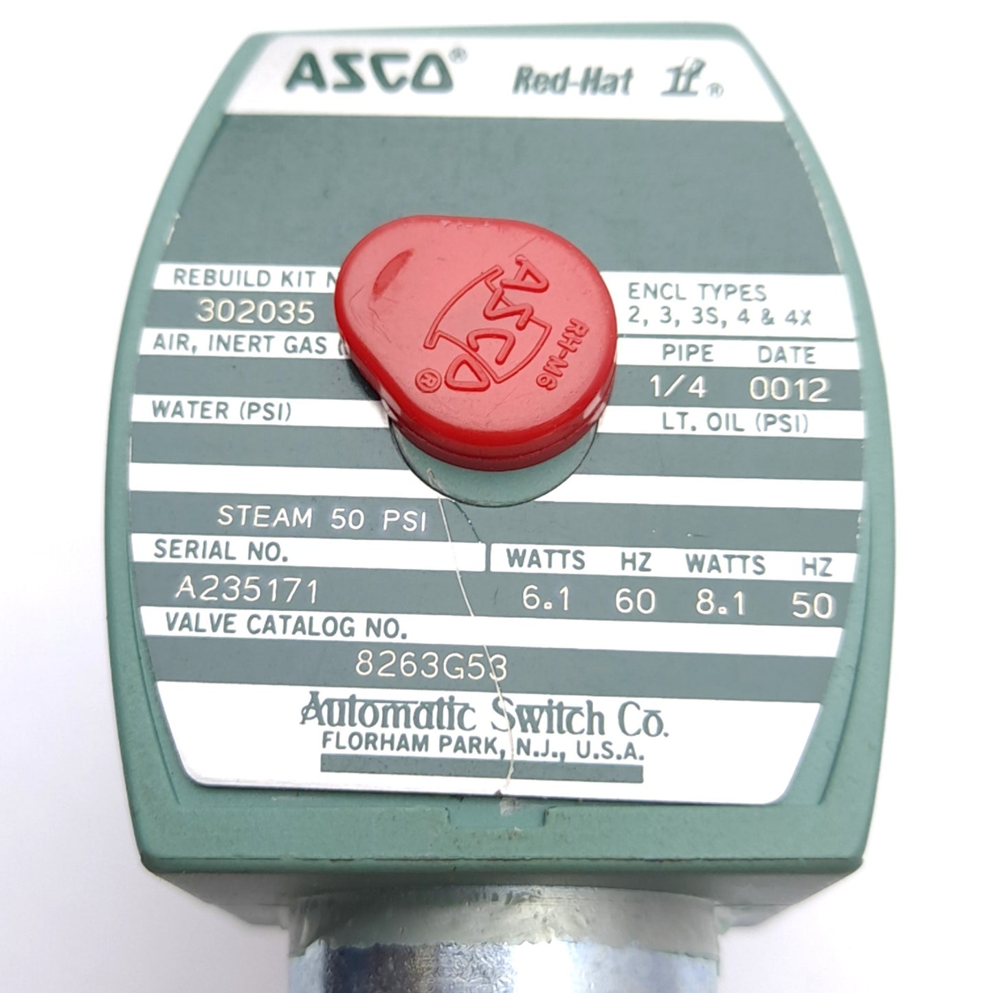 Used ASCO 8263G53 Red-Hat Solenoid Valve, Normally Closed, Steam 50psi, 1/4in NPT