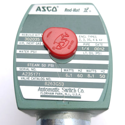 Used ASCO 8263G53 Red-Hat Solenoid Valve, Normally Closed, Steam 50psi, 1/4in NPT