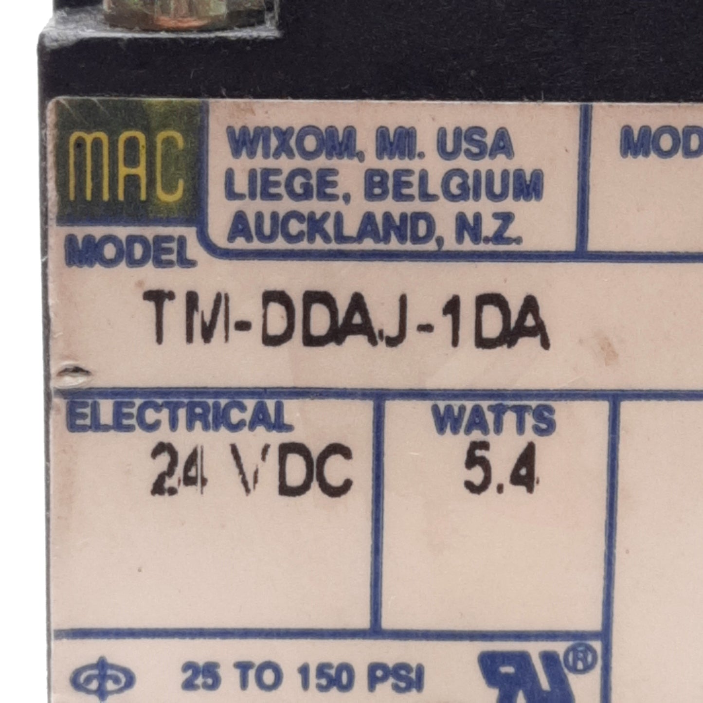 Used Mac TM-DDAJ-1DA Solenoid Valve, 25-150PSI, 5.4W, 24VDC Coil, 2-Wire Lead