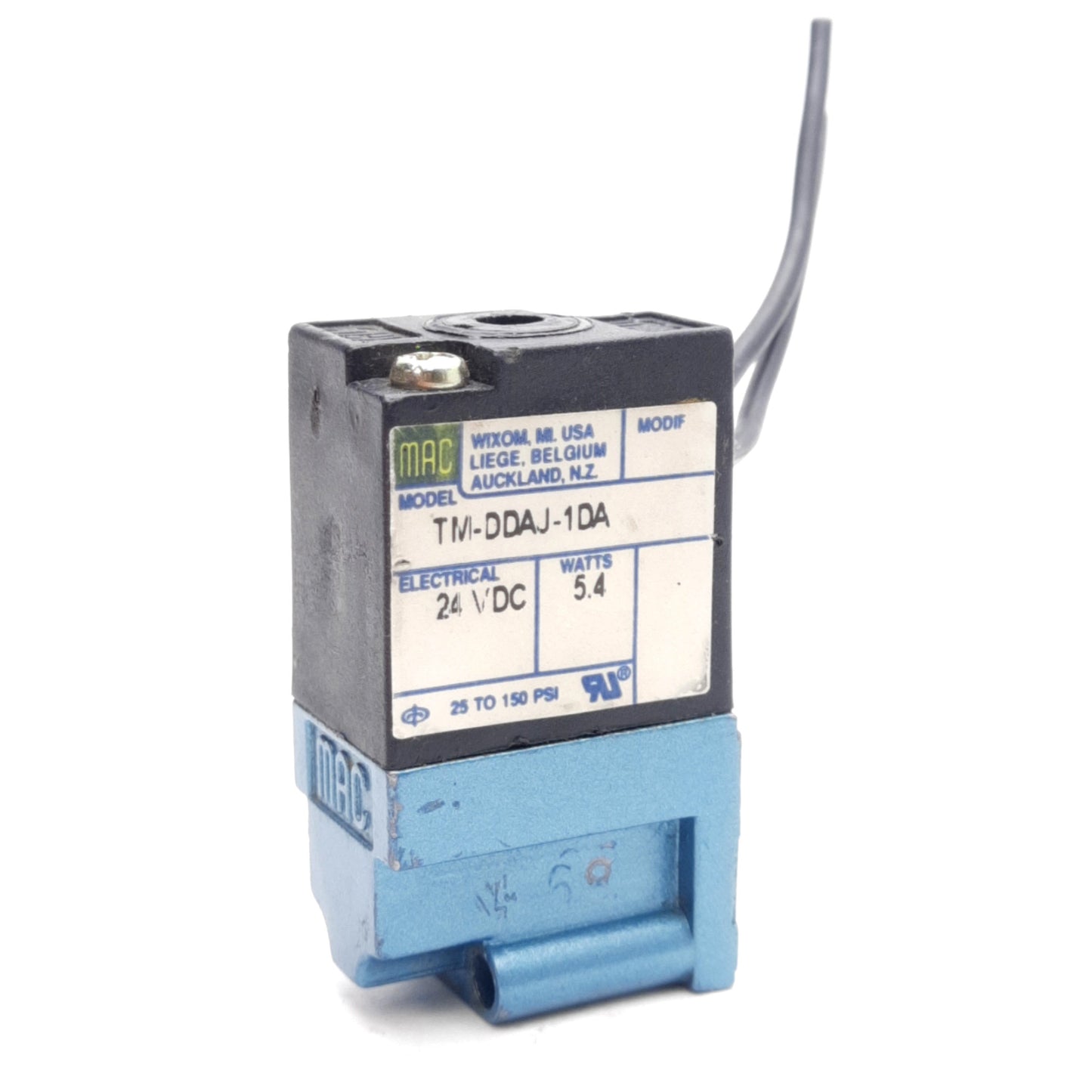 Used Mac TM-DDAJ-1DA Solenoid Valve, 25-150PSI, 5.4W, 24VDC Coil, 2-Wire Lead