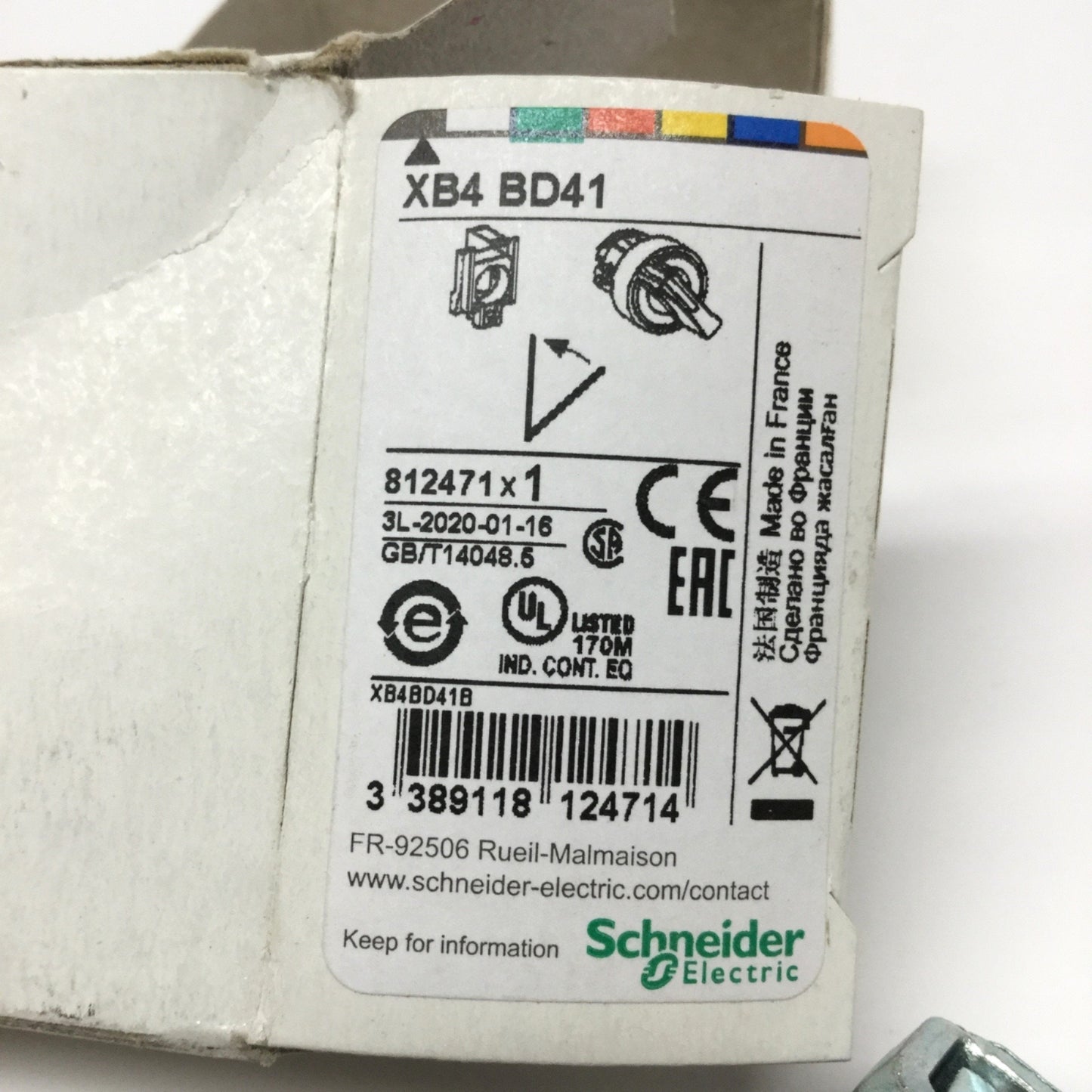New Schneider XB4BD41 Selector Switch, 2-Position Momentary, ø22mm, 1NO