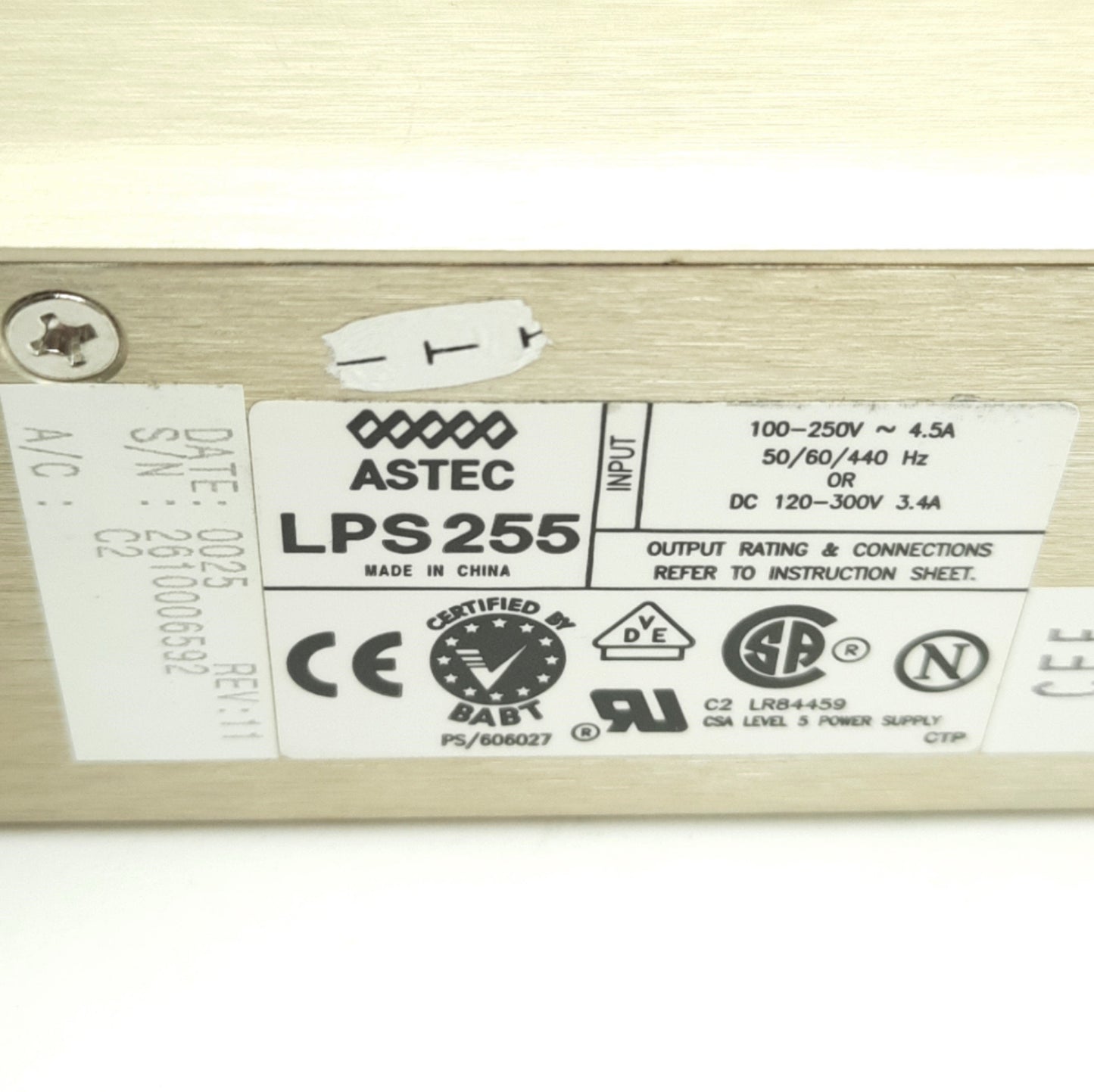 Used Astec LPS255 Power Supply, 100-250V AC/12-300V DC Input, 24VDC 10.4A Output