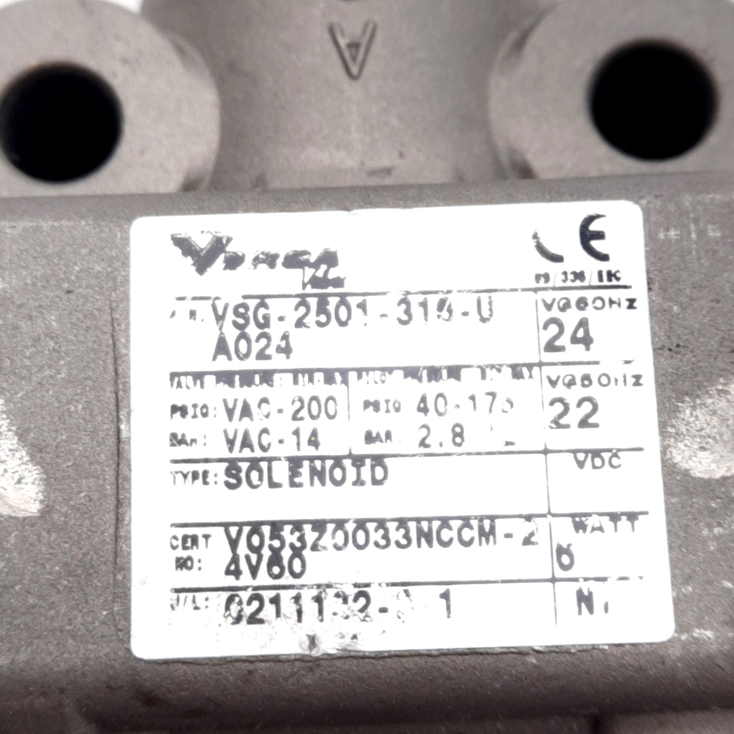 Used Versa VSG-2501-316-U-A024 Solenoid Valve, 2-Way, Vac-200PSIG, NPT1/2, 24VDC Coil