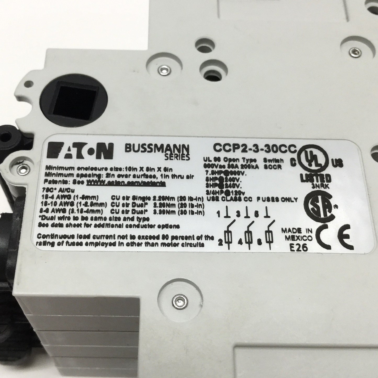 New – Open box Eaton Bussmann CCP2-3-30CC Fusible Disconnect Switch 3-Pole, Class CC 30A 600VAC