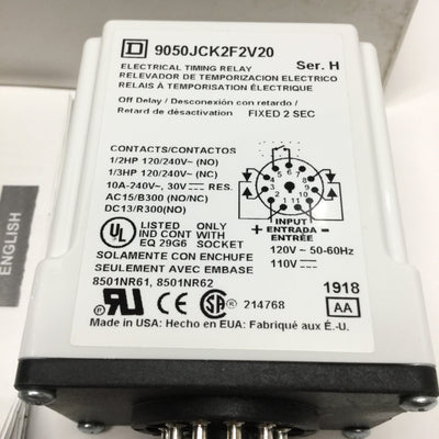 New Square D 9050JCK2F2V20 Off-Delay Timing Relay, 120VAC, Fixed 2 Seconds, DPDT 10A