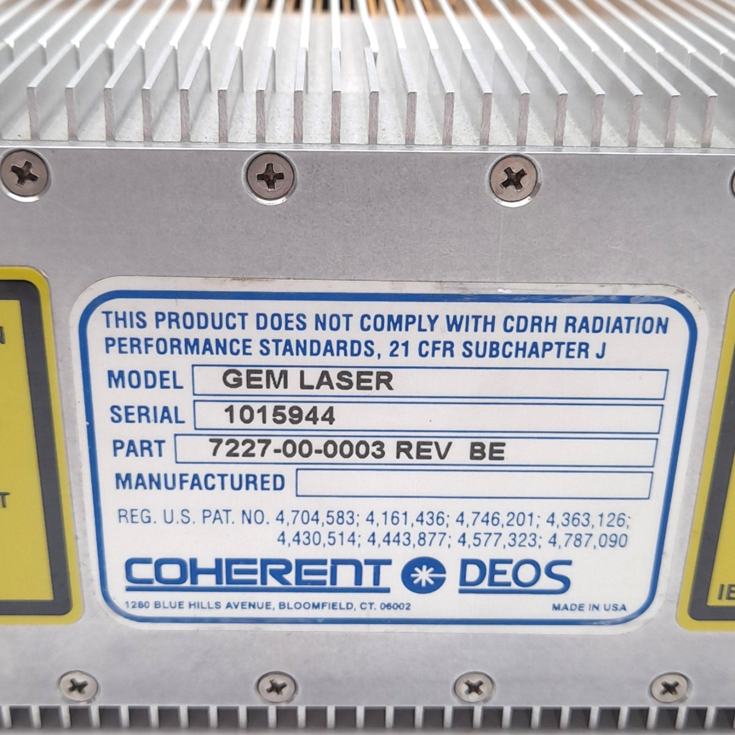 Used Coherent Gem 7227-00-0003 BE Low Power 30W CO2 Laser 48VDC 12A Air-Cooled