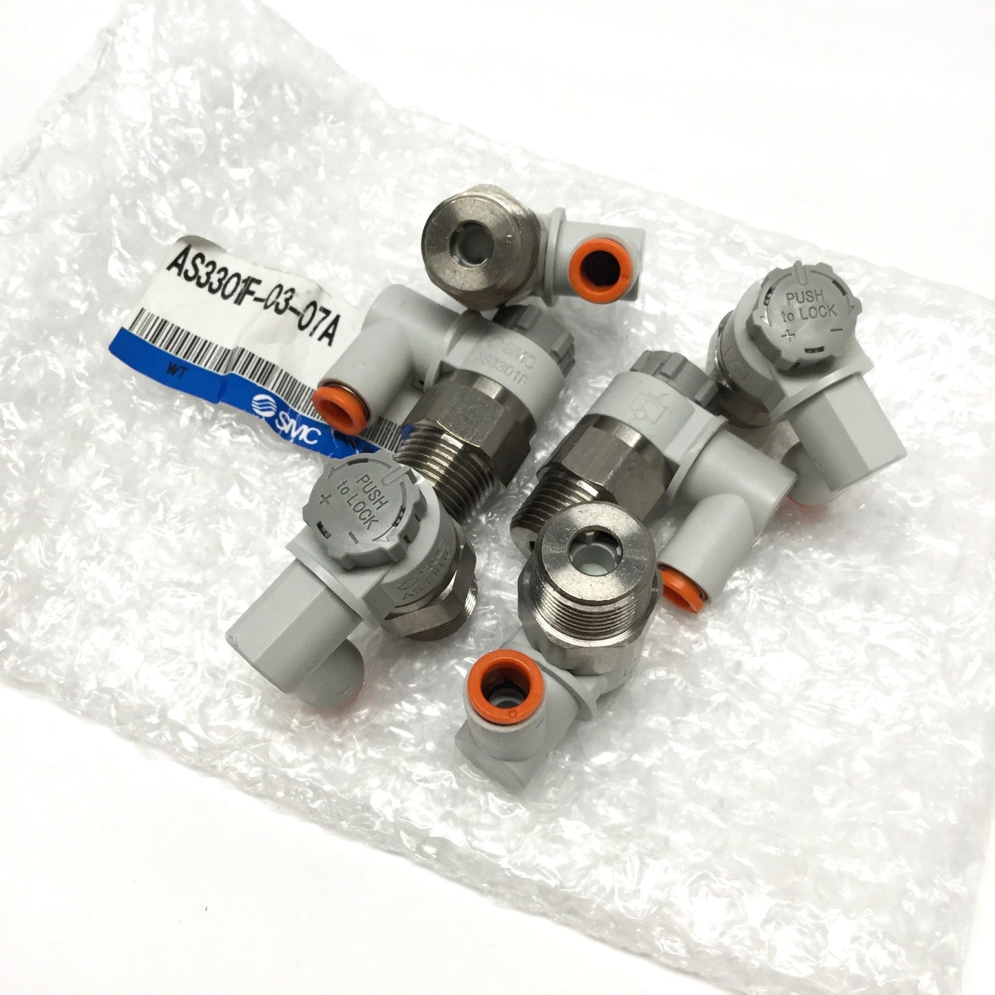 New Lot of 6 SMC AS3301F-03-07A Elbow Speed Control Fittings R 3/8" x Ø1/4" Tube