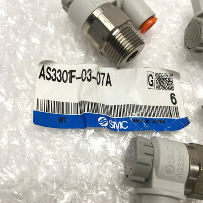 New Lot of 6 SMC AS3301F-03-07A Elbow Speed Control Fittings R 3/8" x Ø1/4" Tube
