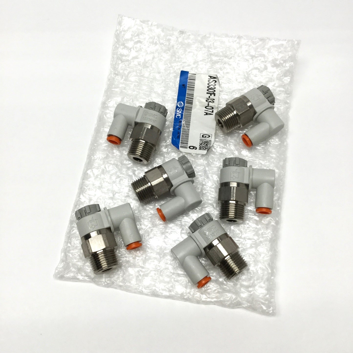 New Lot of 6 SMC AS3301F-03-07A Elbow Speed Control Fittings R 3/8" x Ø1/4" Tube