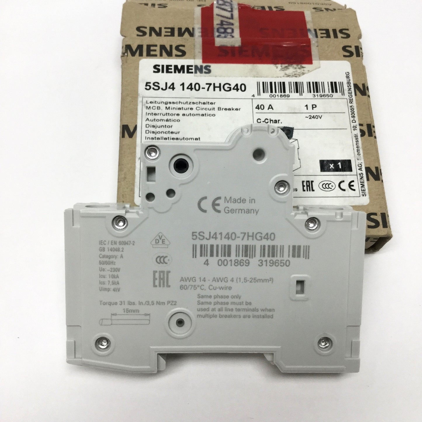 New Siemens 5SJ4140-7HG40 Circuit Breaker, 1-Pole, C-Curve, 40A 240VAC 60VDC