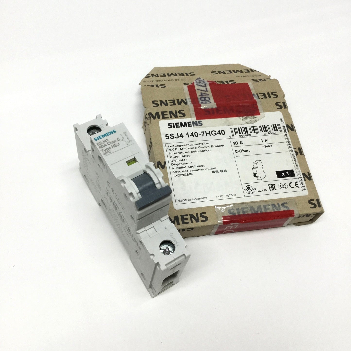 New Siemens 5SJ4140-7HG40 Circuit Breaker, 1-Pole, C-Curve, 40A 240VAC 60VDC