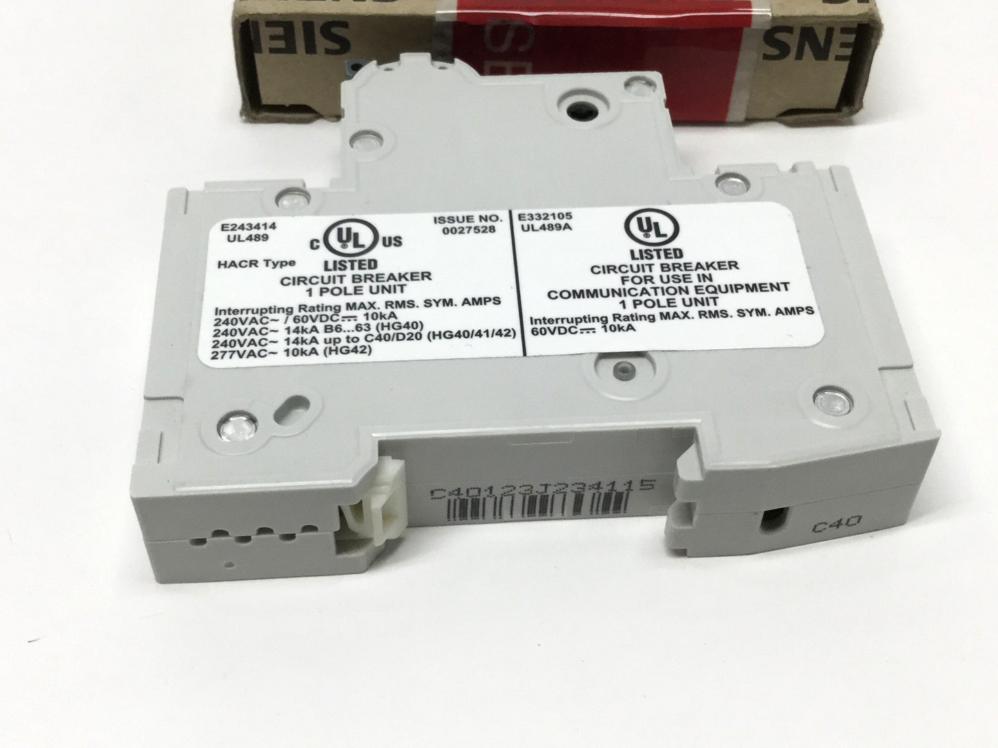 New Siemens 5SJ4140-7HG40 Circuit Breaker, 1-Pole, C-Curve, 40A 240VAC 60VDC