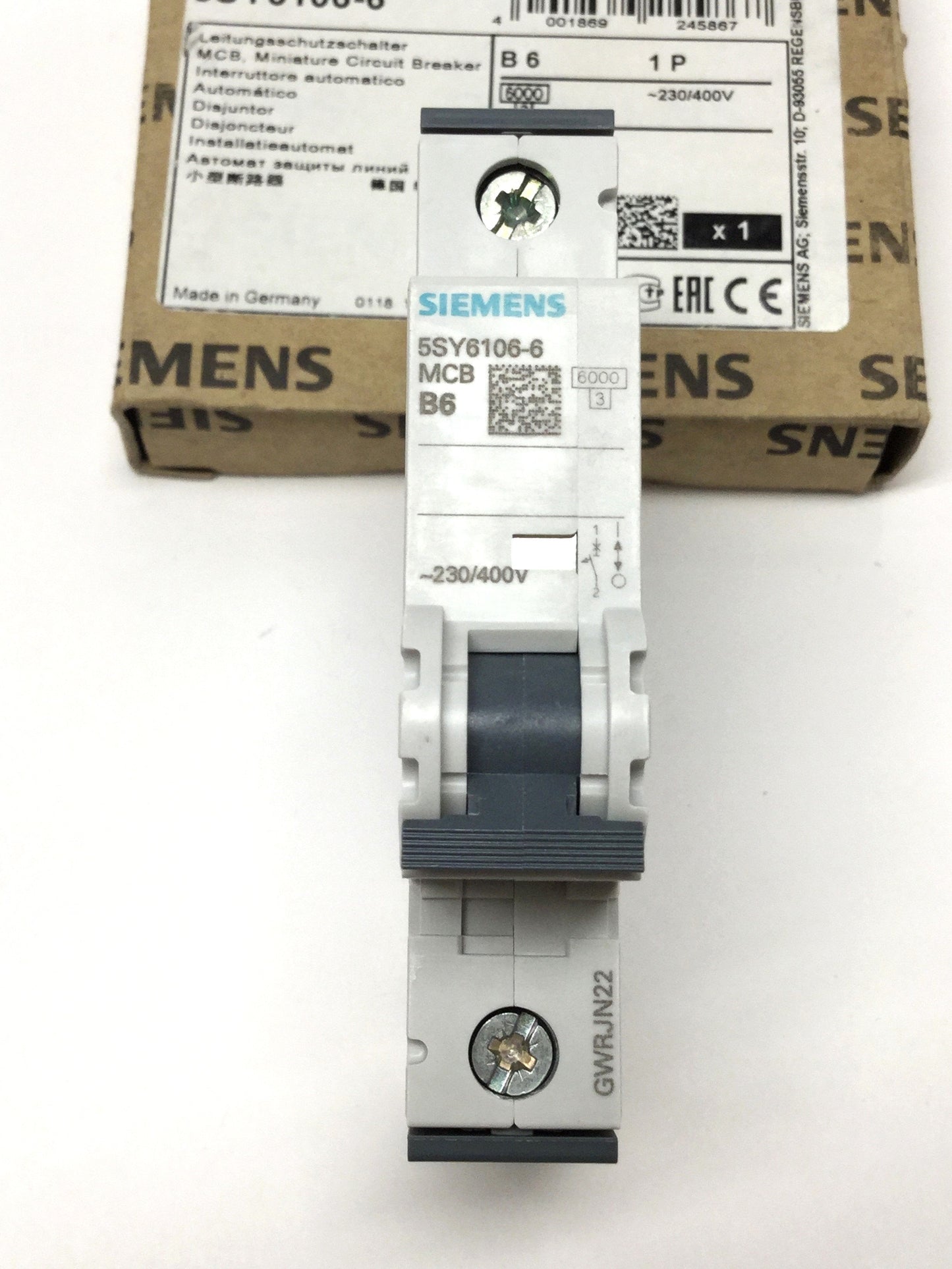 New Siemens 5SY6106-6 Miniature Circuit Breaker, 1-Pole, B-Curve, 6A 230/400VAC