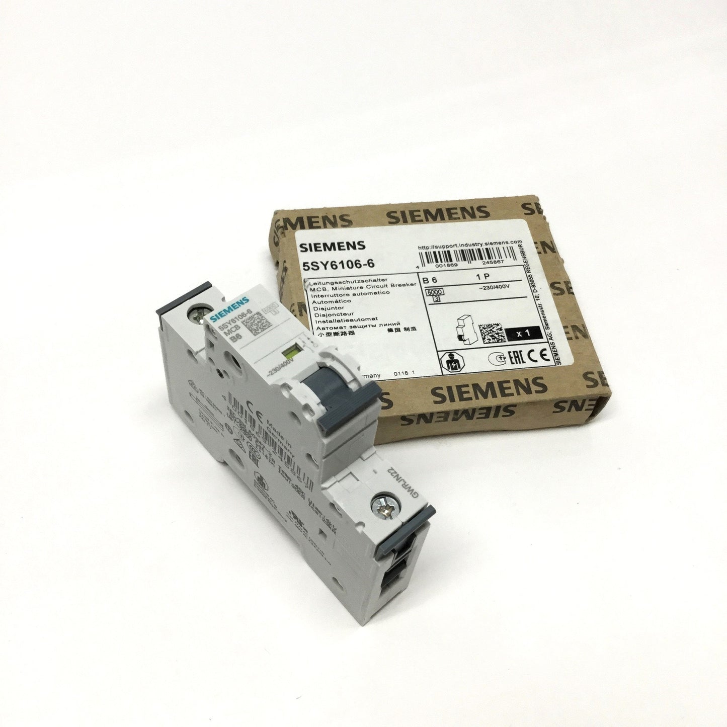 New Siemens 5SY6106-6 Miniature Circuit Breaker, 1-Pole, B-Curve, 6A 230/400VAC