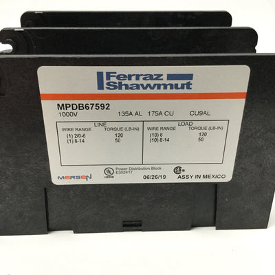 New – Open box Mersen MPDB67592 Power Block Distribution 2-Pole 1000V 175A, 1x Line to 10x Load