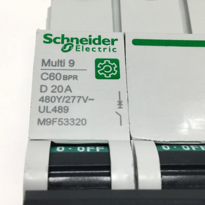 New – Open box Schneider M9F53320 MULTI 9 C60BPR Circuit Breaker, 3-Pole, 20A D-Curve, 440VAC