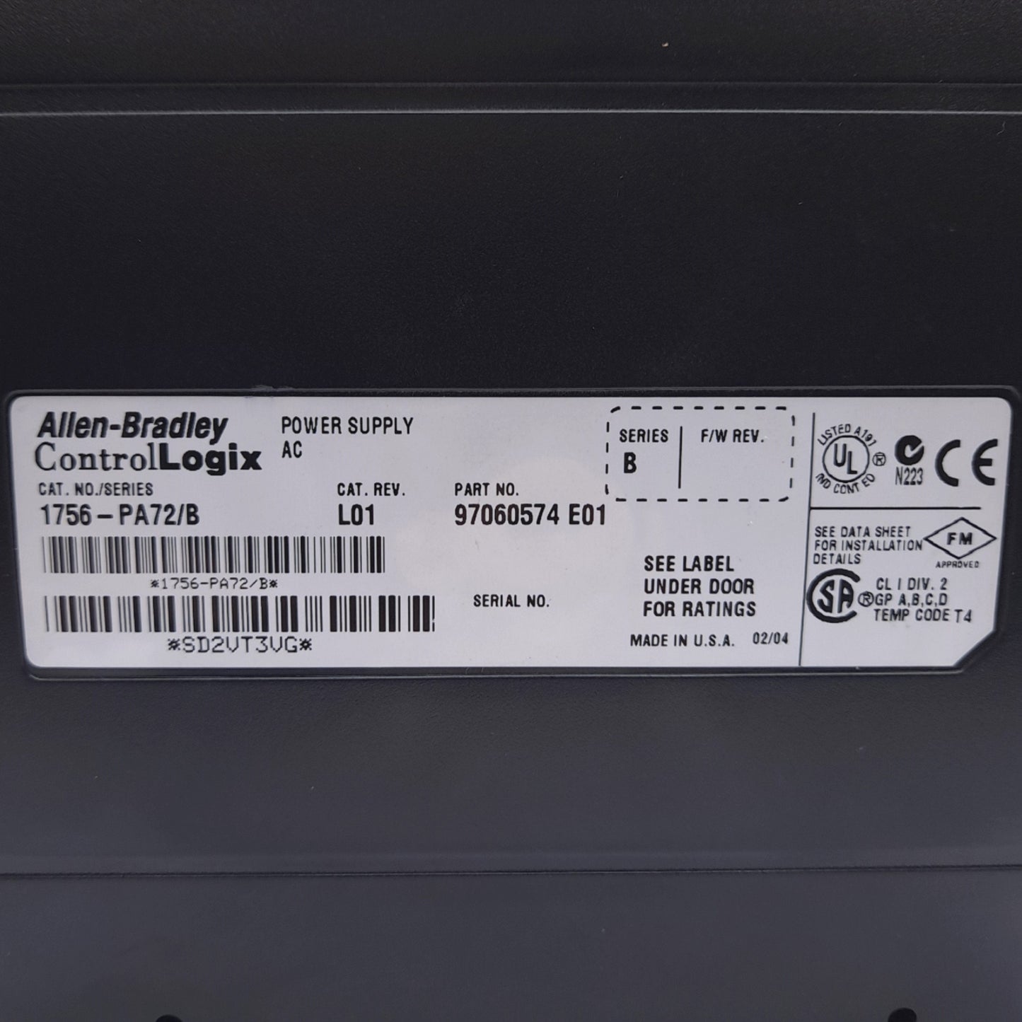 Used Allen Bradley 1756-PA72/B ControlLogix AC Power Supply, 120/240VAC, 10A @ 5.1VDC