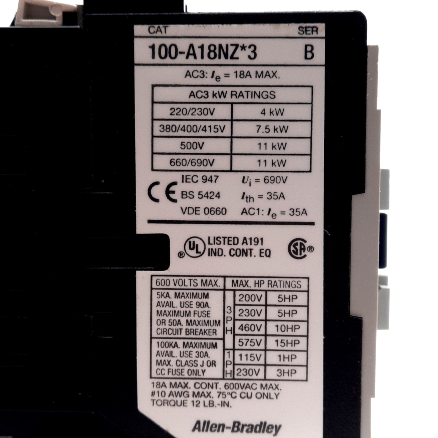 New – Open box Allen Bradley 100-A18NZ243 Contactor 3-Pole w/ Aux, 115-575VAC, 24VDC Coil