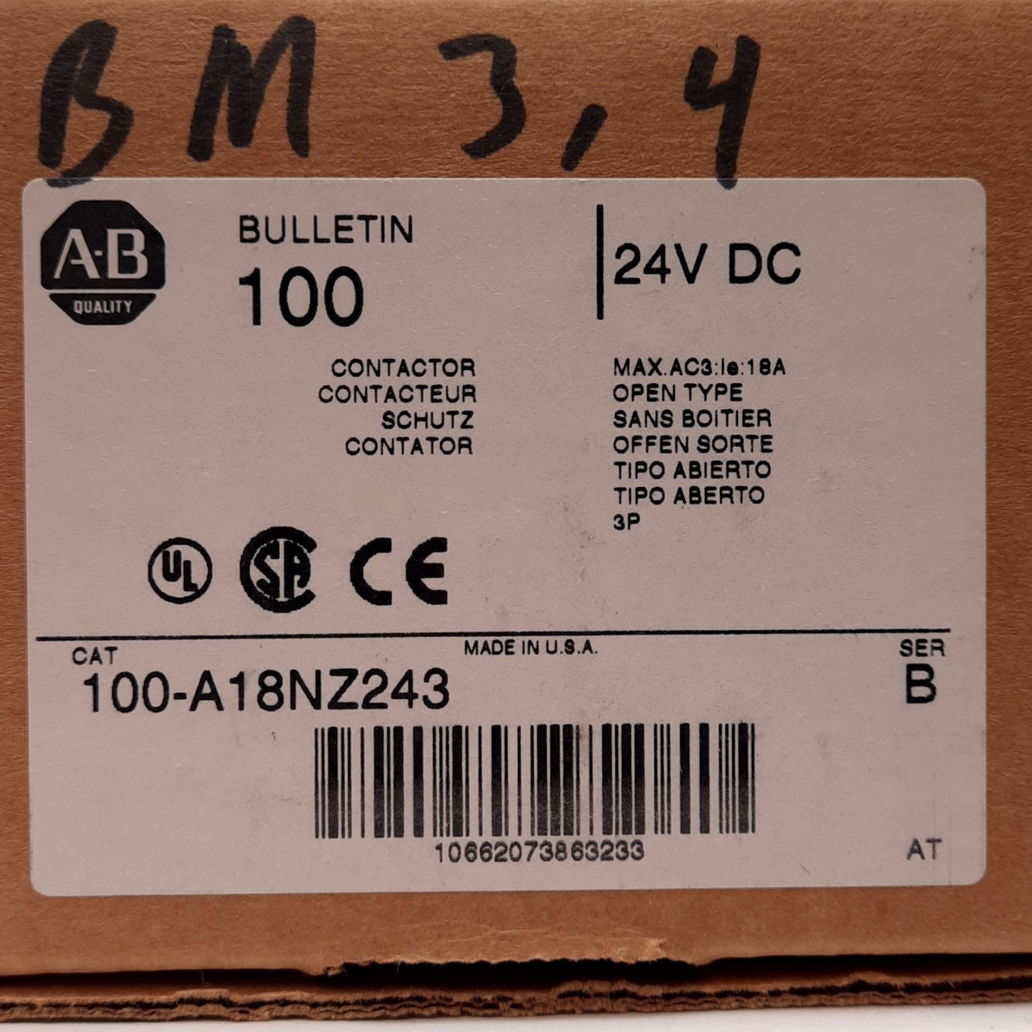 New – Open box Allen Bradley 100-A18NZ243 Contactor 3-Pole w/ Aux, 115-575VAC, 24VDC Coil