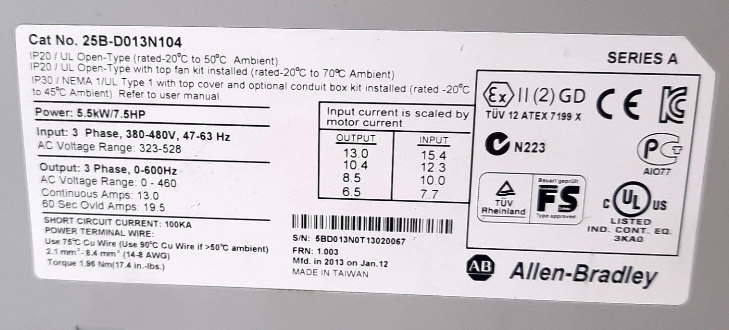 Used Allen Bradley 25B-D013N104 AC Drive 323-528VAC, 13A 3 Phase 5.5kW/7.5HP
