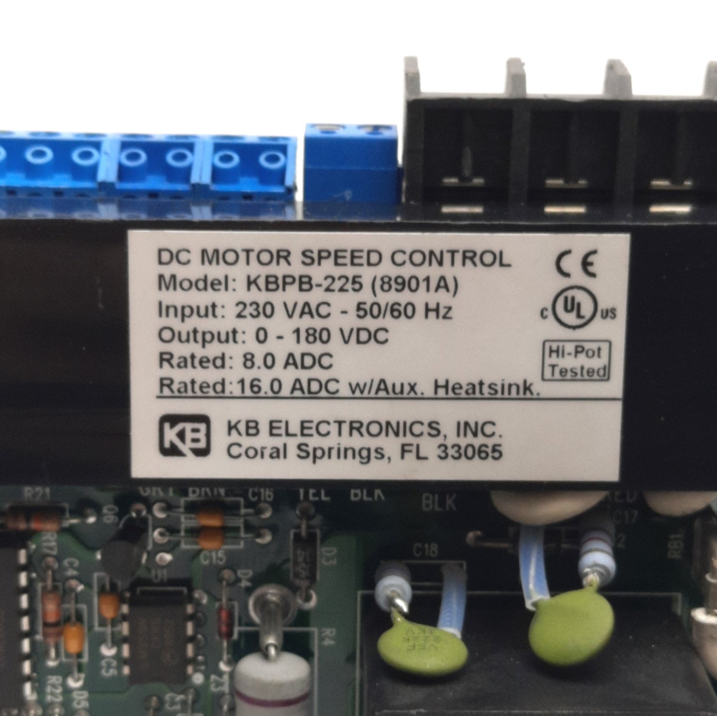 Used KB Electronics KBPB-225 DC Motor Drive 230VAC Input, 0-180VDC 8A Output