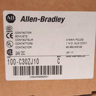 New Allen Bradley 100-C30ZJ10 Contactor, 3-Pole, N.O. Aux, 600VAC 30A, 24VDC Coil