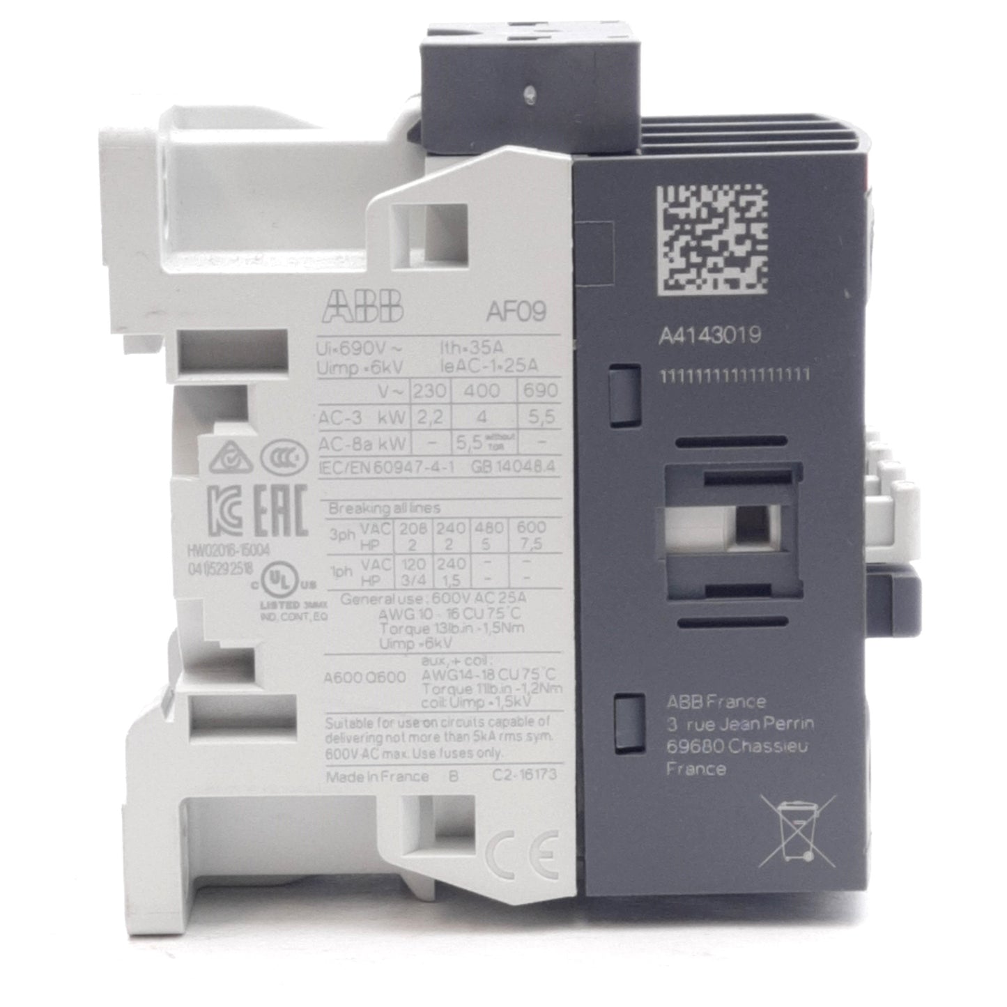 Used ABB AF09-30-01-11 Contactor, 3-Pole+N.C. Aux, 600VAC 25A, 24/20-60VAC/DC Control